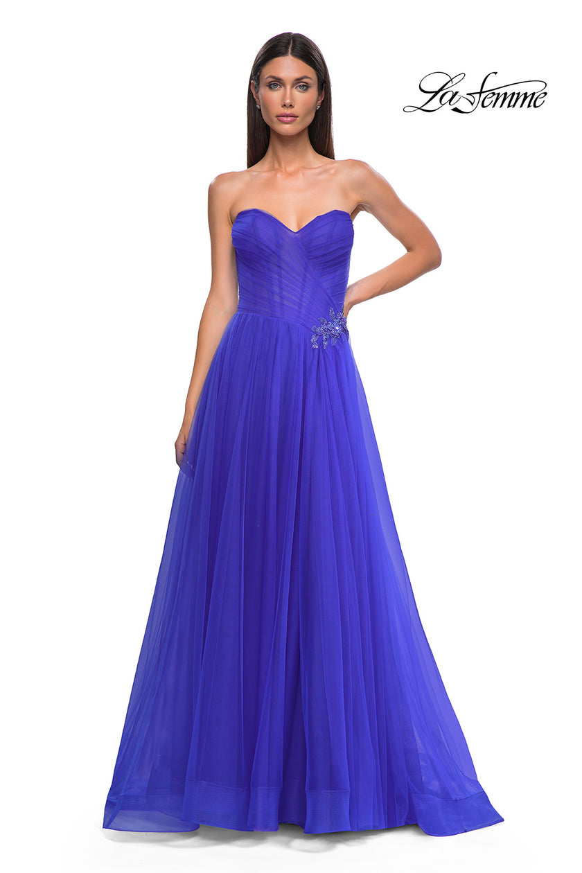 Picture of: Strapless A-line Tulle Dress with Floral Waist Detail in Royal Blue, Style 32789, Detail Picture 7