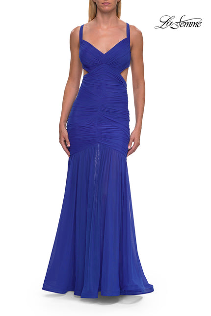 Picture of: Ruched Mesh Gown with Cutout Back in Royal Blue, Style: 33626, Detail Picture 7