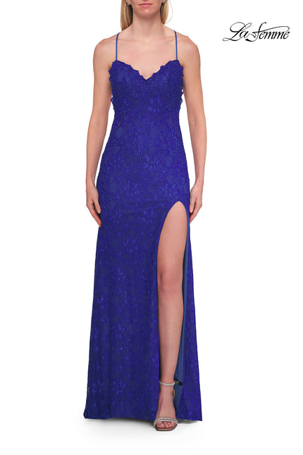 Picture of: Lace Prom Dress with Scalloped Neckline and Open Back in Royal Blue, Style: 33647, Detail Picture 7