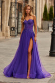 Picture of: Illusion Embroidered Lace Tulle Gown with Slit in Royal Purple, Style: 33551, Main Picture