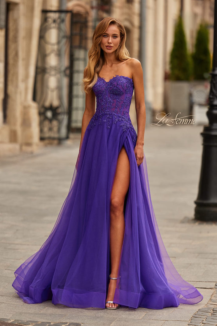 Picture of: Illusion Embroidered Lace Tulle Gown with Slit in Royal Purple, Style: 33551, Main Picture