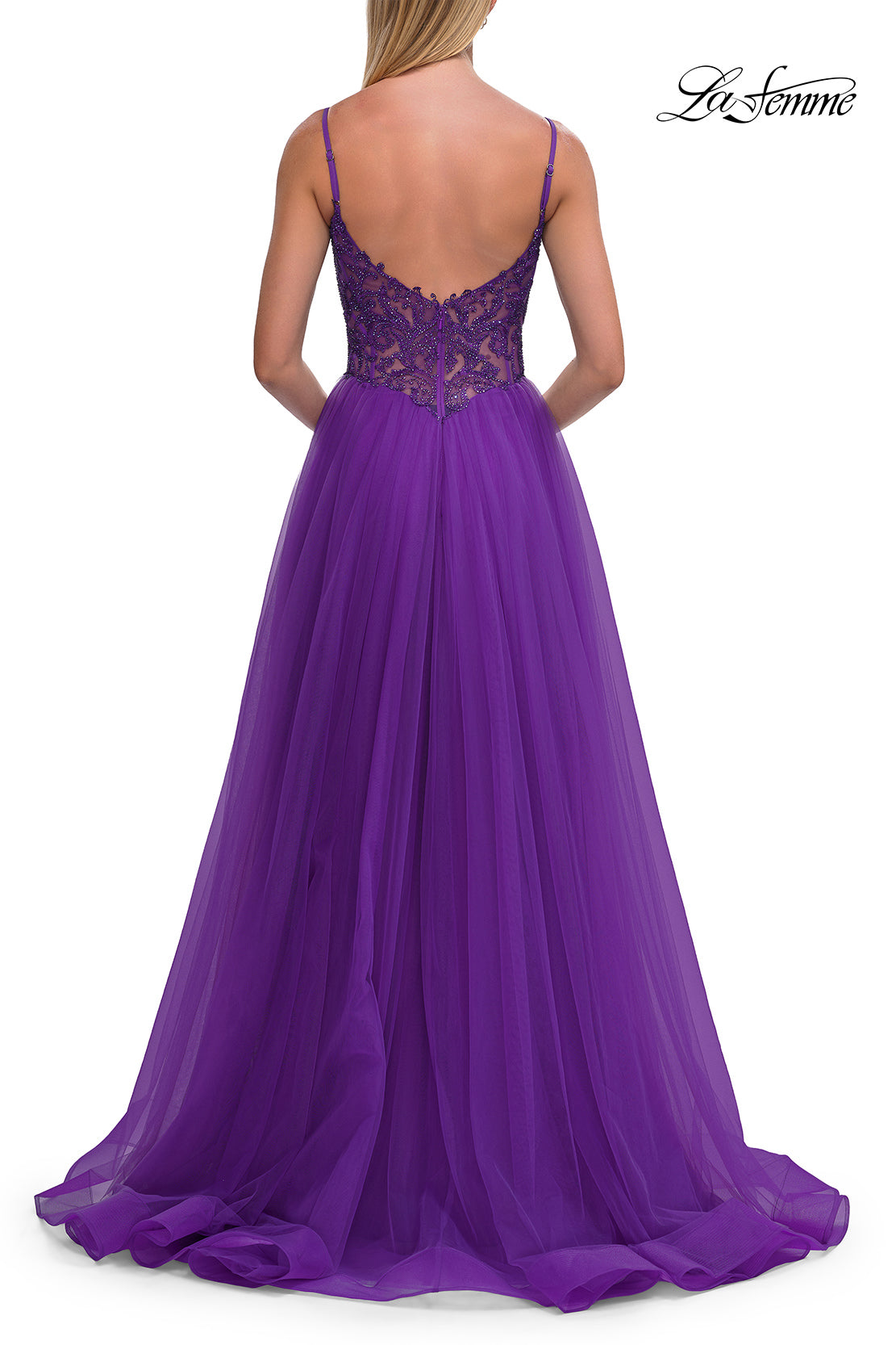Picture of: Rhinestone Lace A-Line Gown with Sheer Bodice and Slit in Royal Purple, Style: 33674, Detail Picture 8