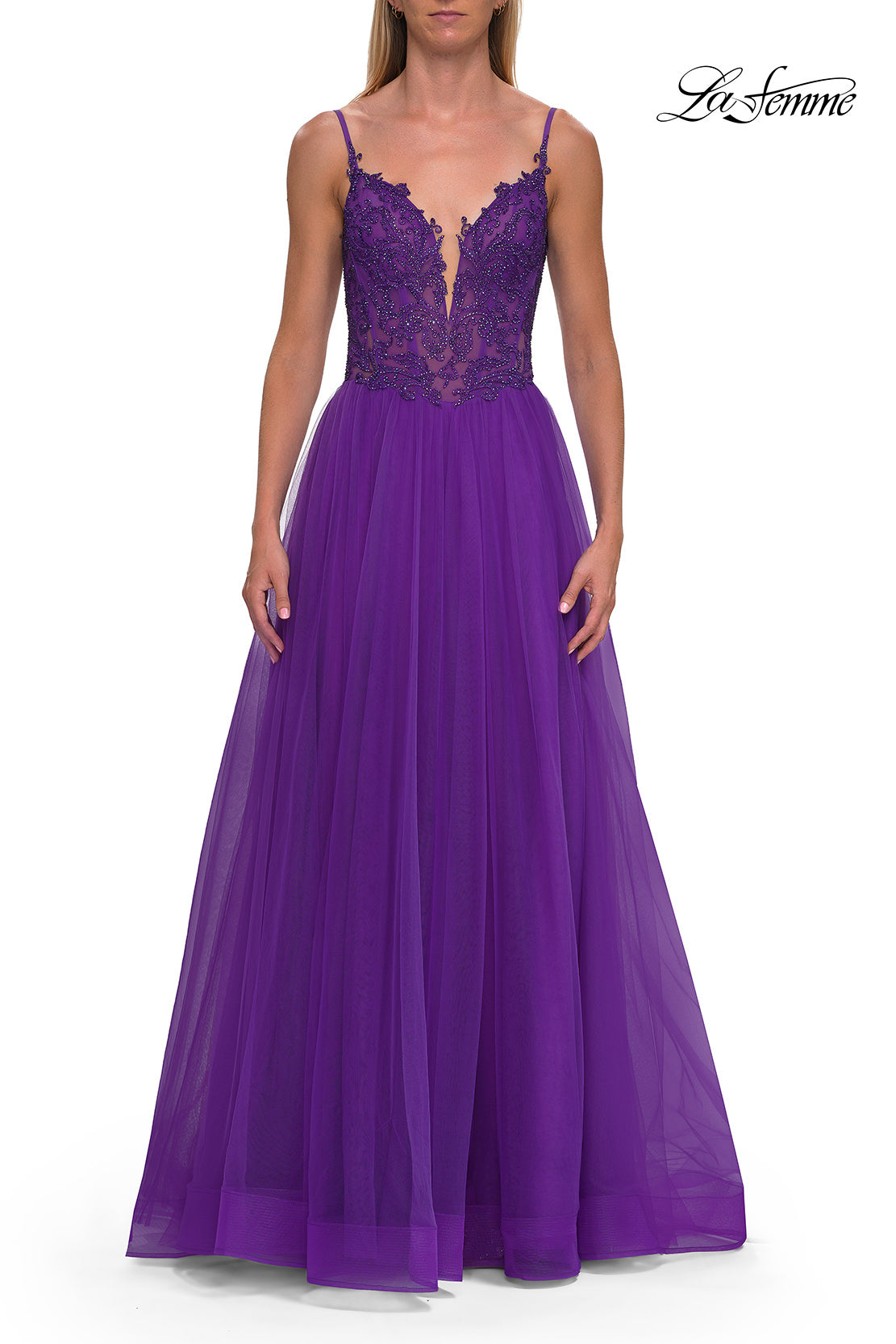 Picture of: Rhinestone Lace A-Line Gown with Sheer Bodice and Slit in Royal Purple, Style: 33674, Detail Picture 9