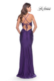 Picture of: Embellished Rhinestone Jersey Long Dress with Lace Up Back in Royal Purple, Style: 30996, Detail Picture 10