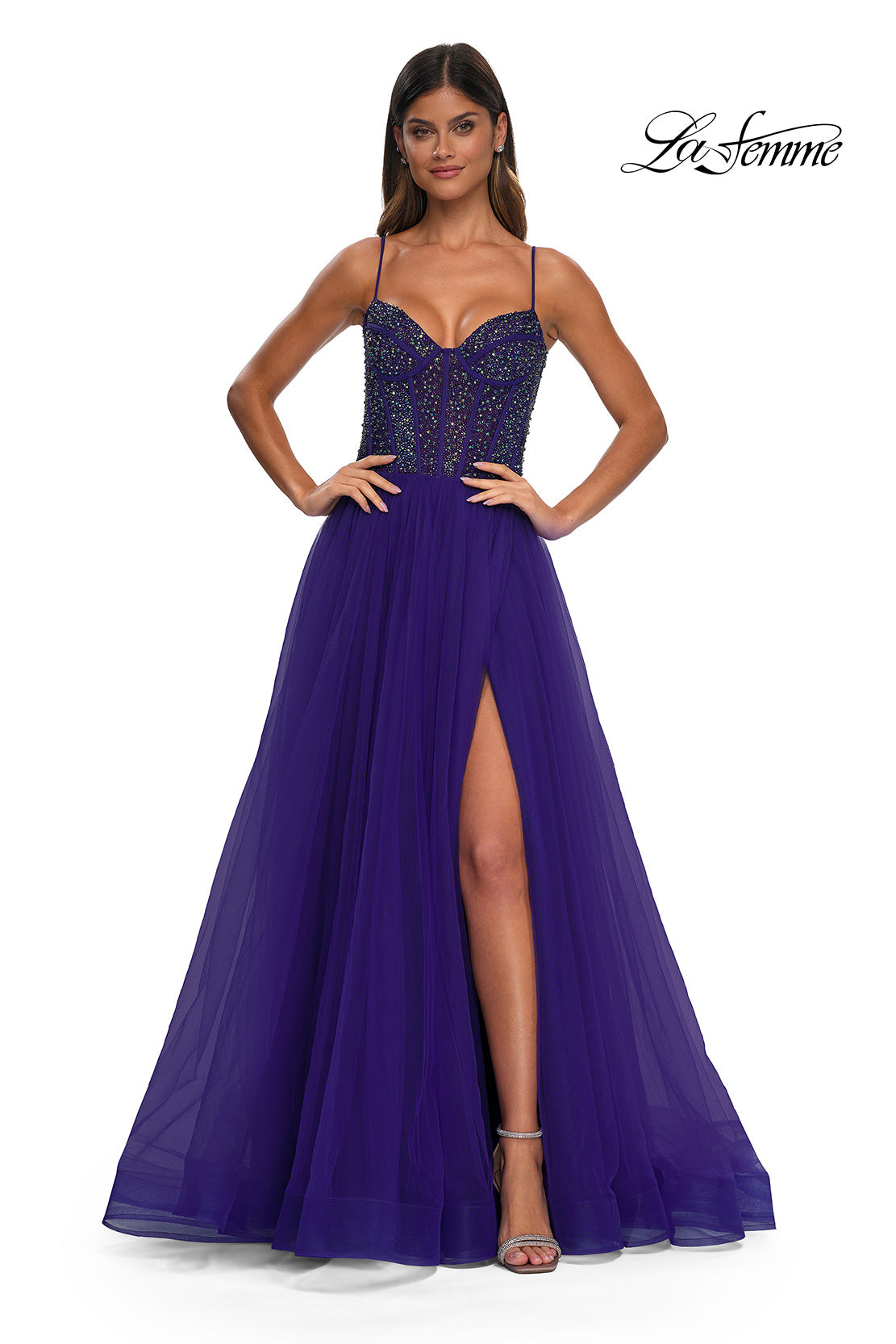 Picture of: Beautiful A-line Prom Dress with Rhinestone Encrusted Corset Top in Royal Purple, Style: 32754, Detail Picture 12