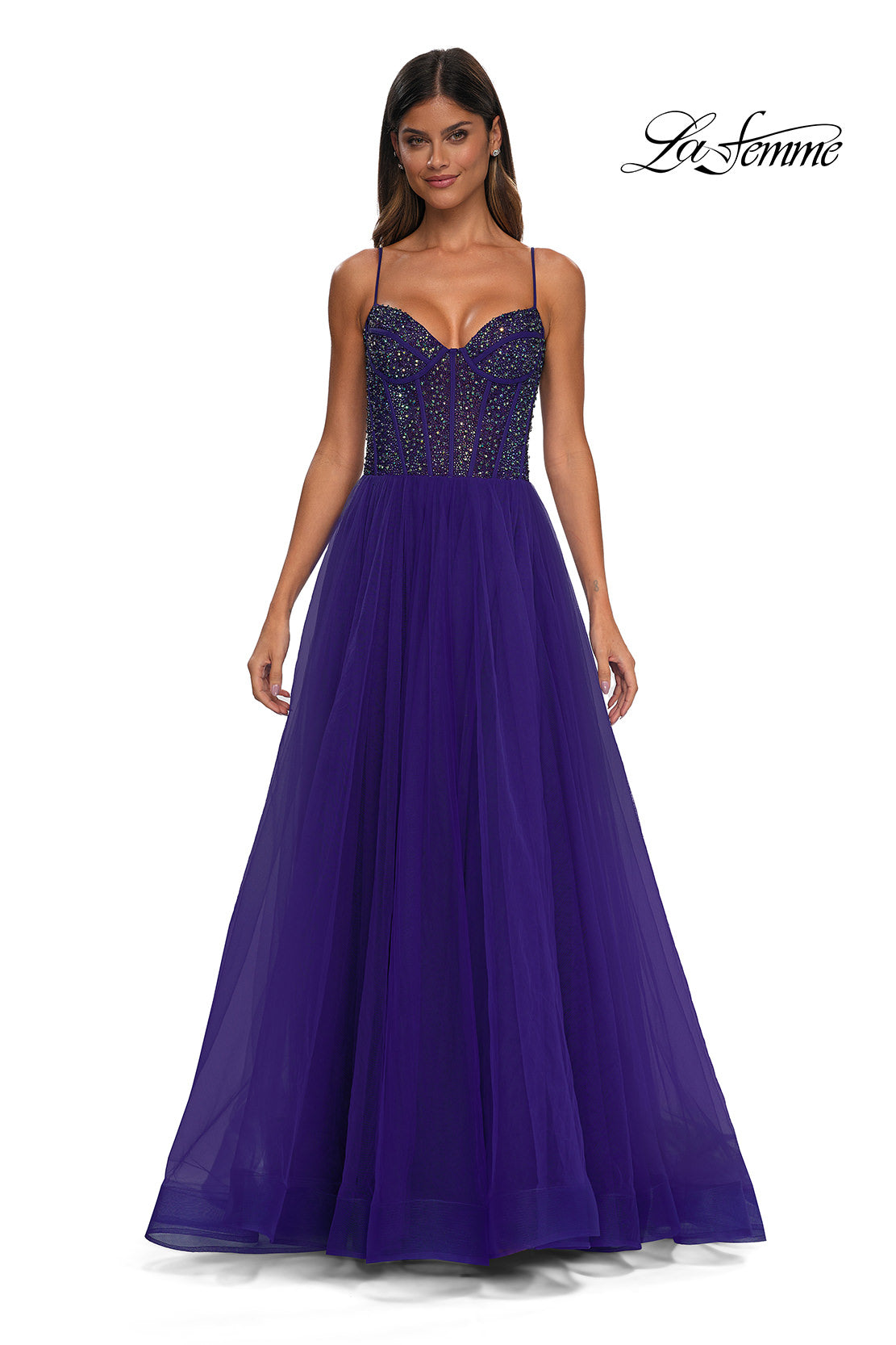 Picture of: Beautiful A-line Prom Dress with Rhinestone Encrusted Corset Top in Royal Purple, Style: 32754, Detail Picture 14