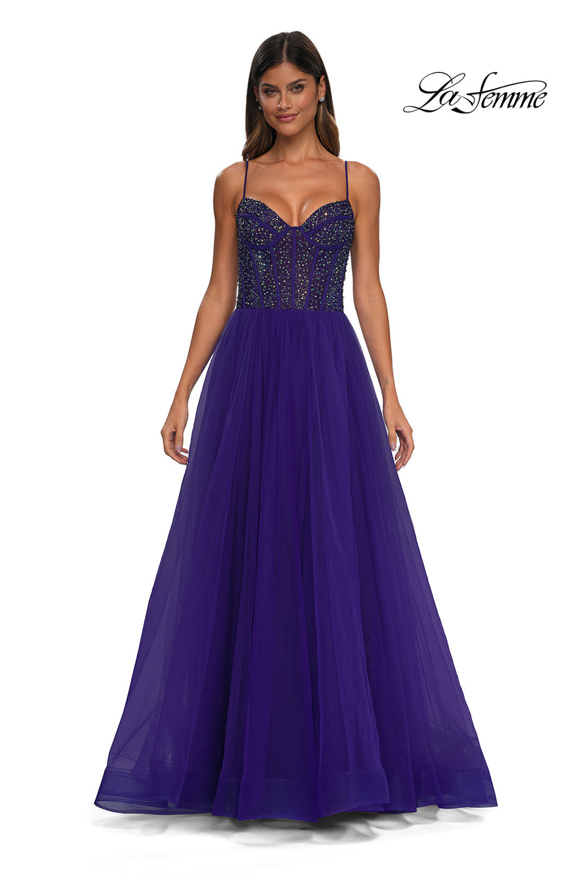 Picture of: Beautiful A-line Prom Dress with Rhinestone Encrusted Corset Top in Royal Purple, Style: 32754, Detail Picture 14