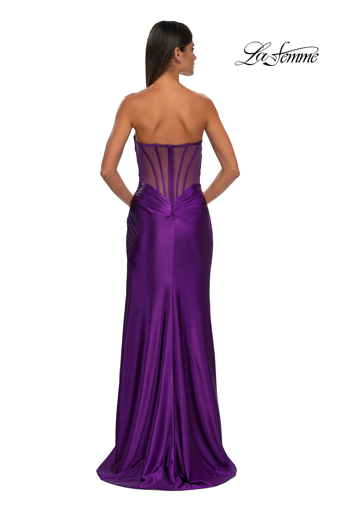 Picture of: Strapless Stretch Satin Dress with Sheer Corset Back in Royal Purple, Style: 32649, Detail Picture 15