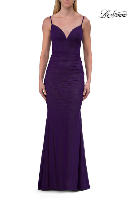 Picture of: Lace Fitted Gown with Ruched Bodice and Sheer Back in Royal Purple, Style: 33443, Detail Picture 16