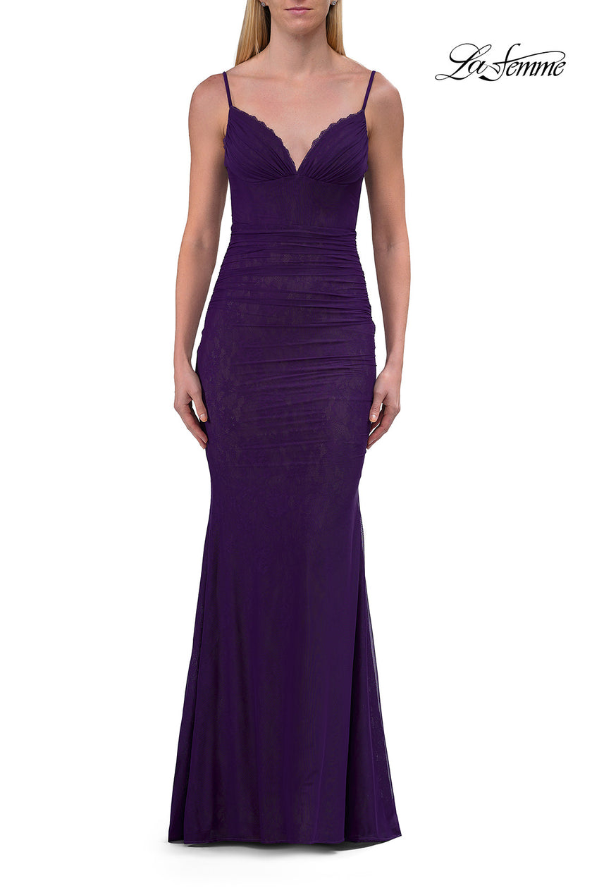 Picture of: Lace Fitted Gown with Ruched Bodice and Sheer Back in Royal Purple, Style: 33443, Detail Picture 16