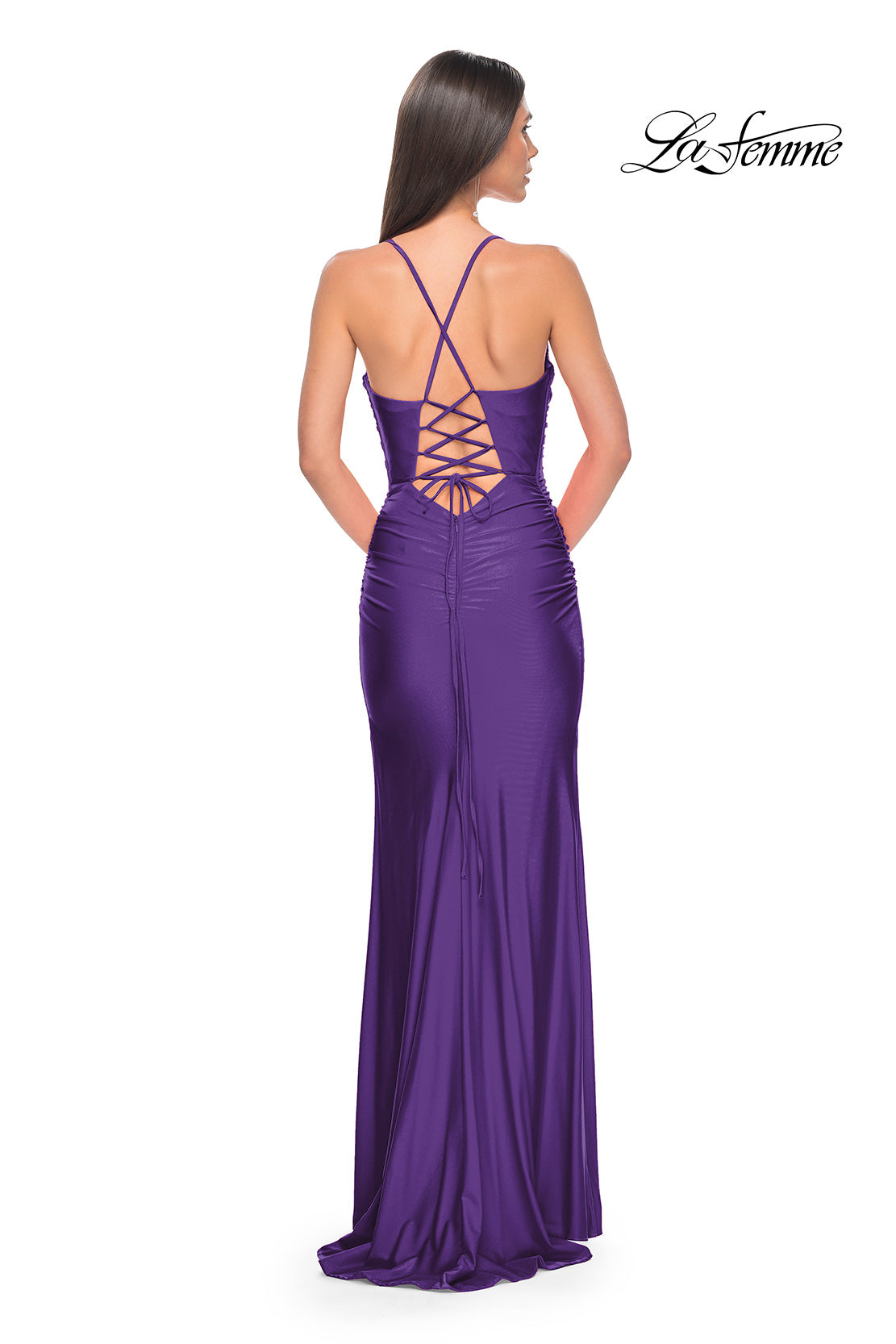 Picture of: Ruched Jersey Prom Dress with Slit in Jewel Tones in Royal Purple, Style 31130, Back Picture