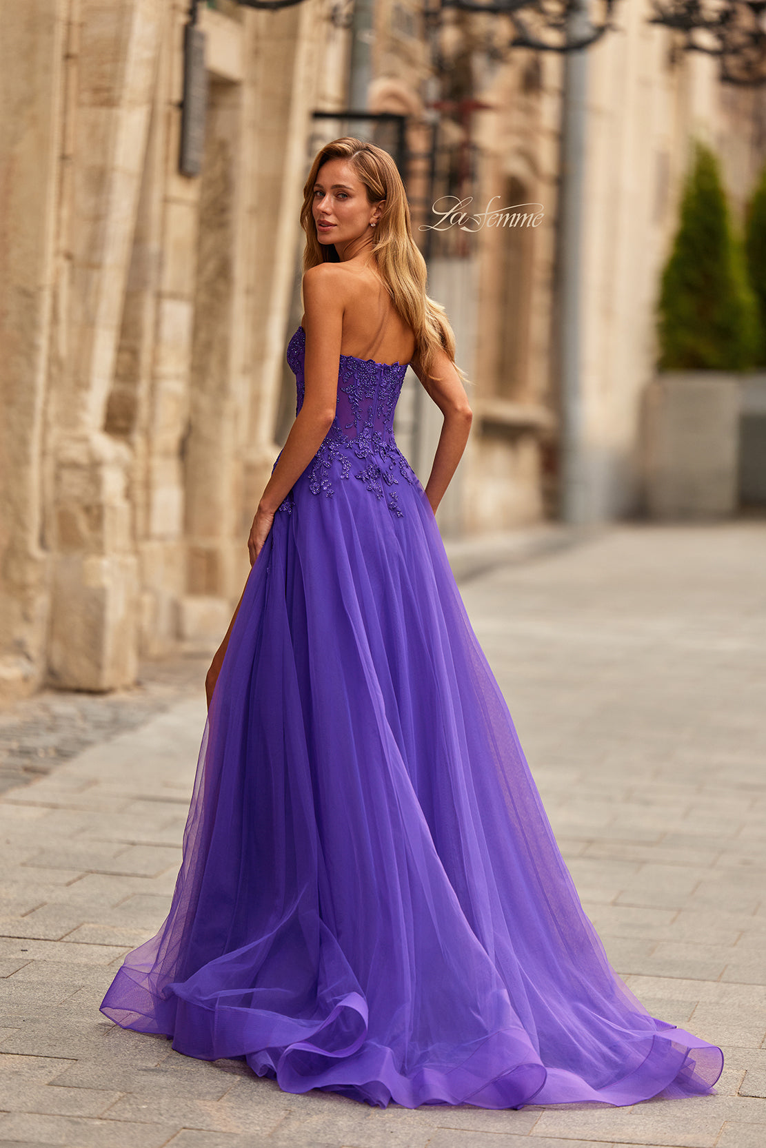 Picture of: Illusion Embroidered Lace Tulle Gown with Slit in Royal Purple, Style: 33551, Back Picture