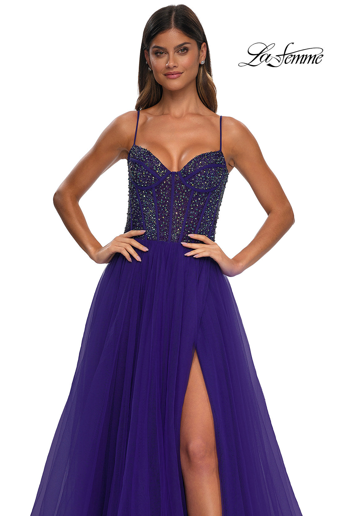Picture of: Beautiful A-line Prom Dress with Rhinestone Encrusted Corset Top in Royal Purple, Style: 32754, Detail Picture 21