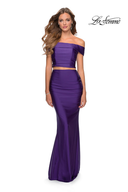 Picture of: Two Piece Neon Off the Shoulder Jersey Prom Dress in Royal Purple, Style: 28578, Detail Picture 1