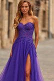 Picture of: Illusion Embroidered Lace Tulle Gown with Slit in Royal Purple, Style: 33551, Detail Picture 1