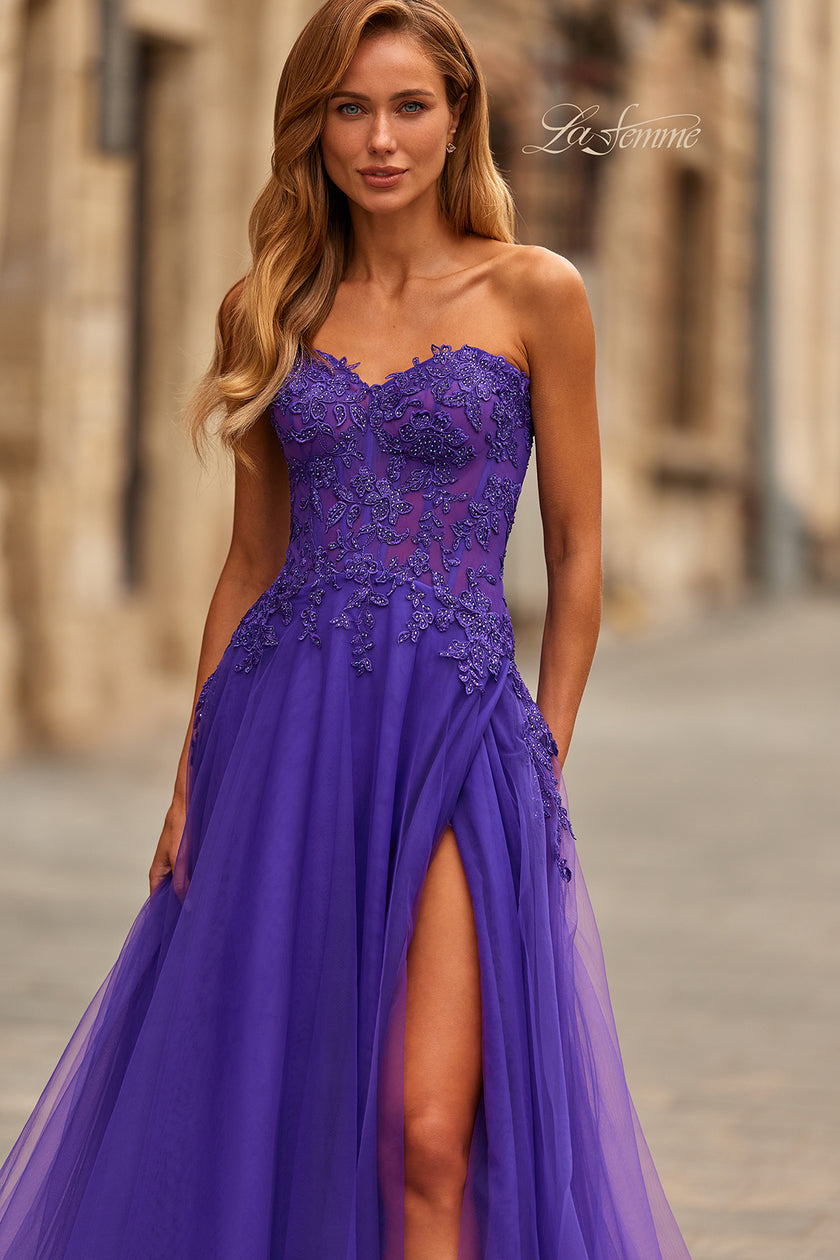 Picture of: Illusion Embroidered Lace Tulle Gown with Slit in Royal Purple, Style: 33551, Detail Picture 1