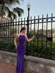 Picture of: Fitted Jersey Gown with Open Back and Ruching in Royal Purple, Style: 33644, Detail Picture 3