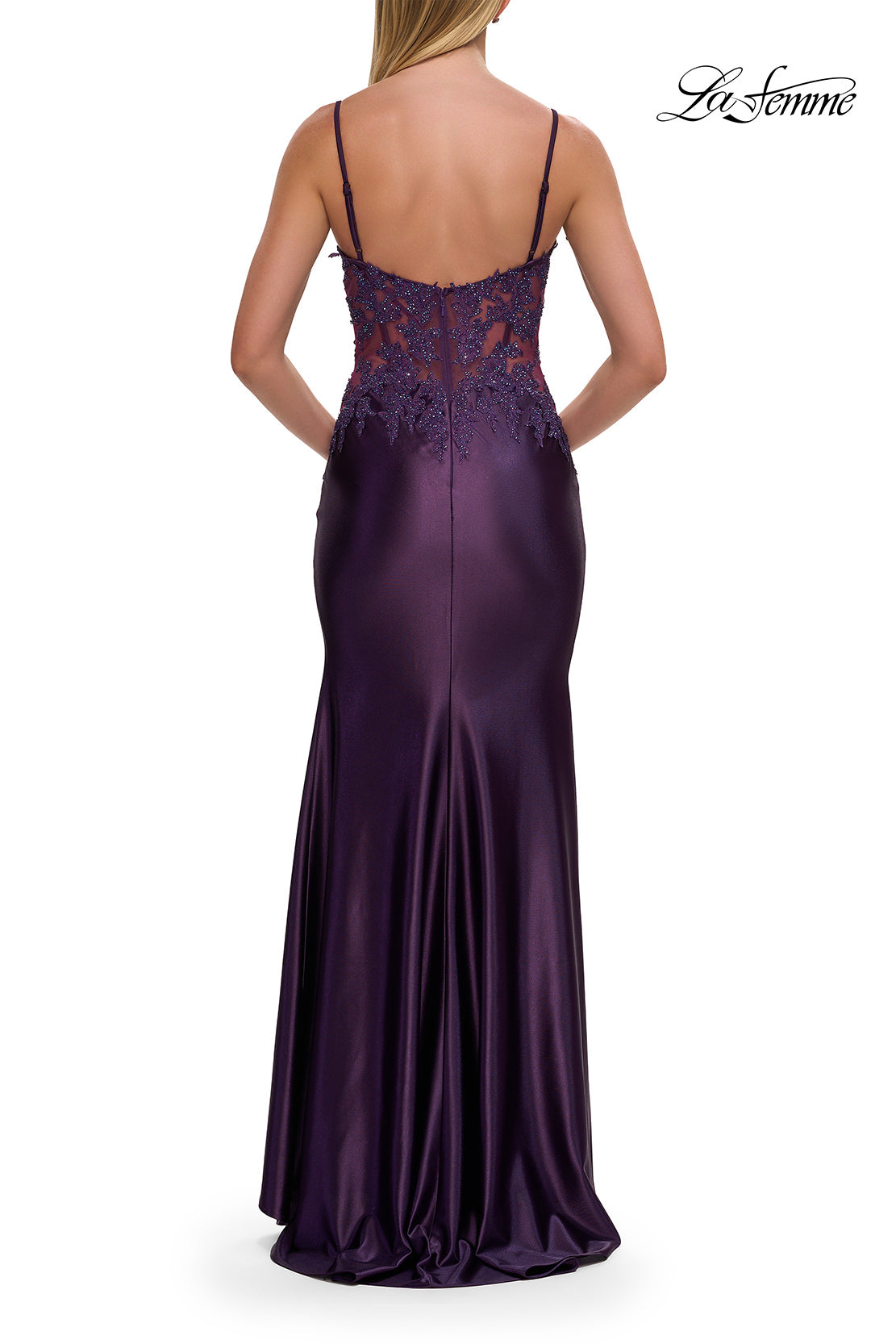 Picture of: Rhinestone Sheer Lace Bodice Prom Dress with High Slit in Royal Purple, Style: 33627, Detail Picture 4