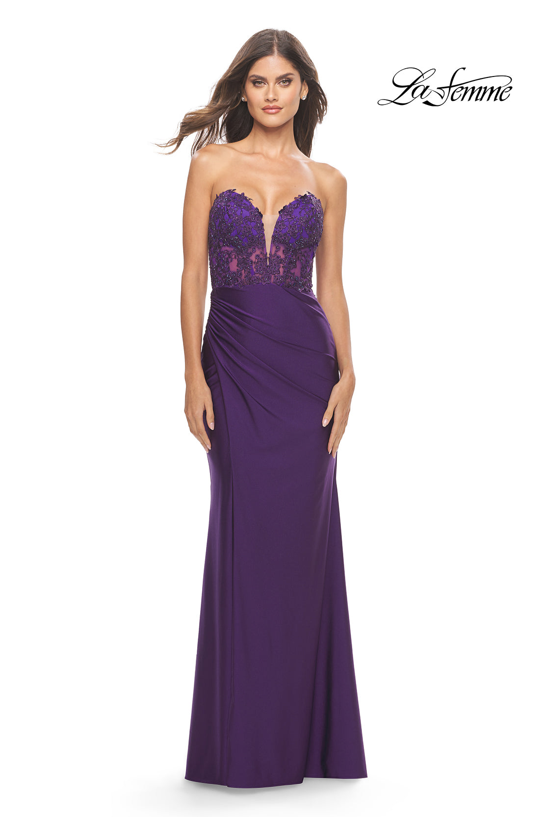 Picture of: Long Dress with Jersey Skirt and Lace Illusion Bodice in Royal Purple, Style: 31182, Detail Picture 6