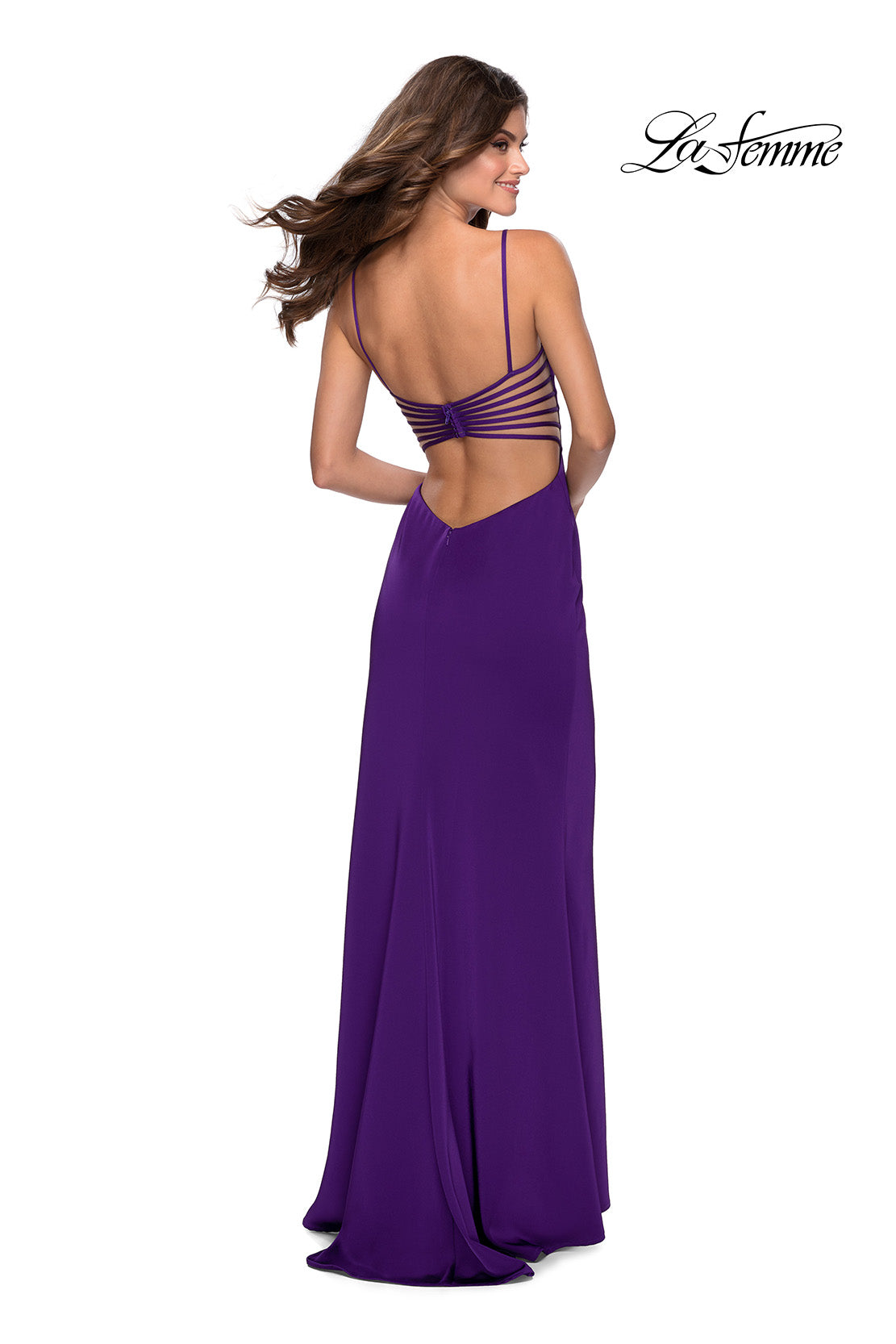 Picture of: Long Prom Dress with Faux Strappy Open Back in Royal Purple, Style: 28461, Detail Picture 7
