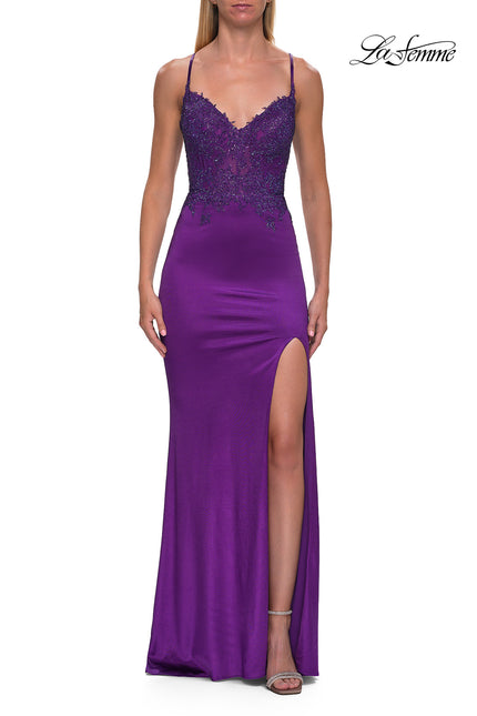 Picture of: Rhinestone Lace Bodice Gown with Slit and Lace-Up Back in Royal Purple, Style: 33498, Detail Picture 7
