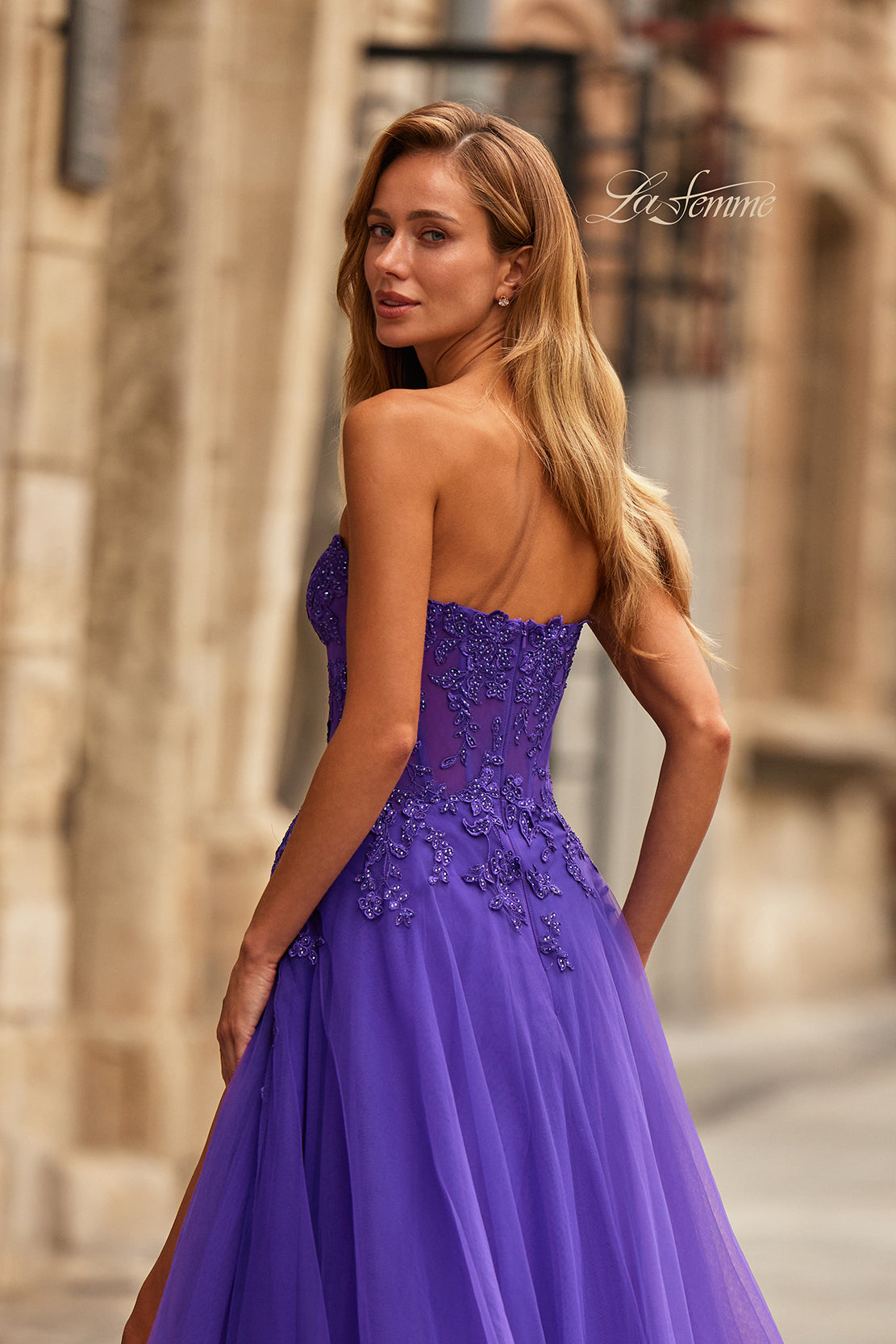 Picture of: Illusion Embroidered Lace Tulle Gown with Slit in Royal Purple, Style: 33551, Detail Picture 7