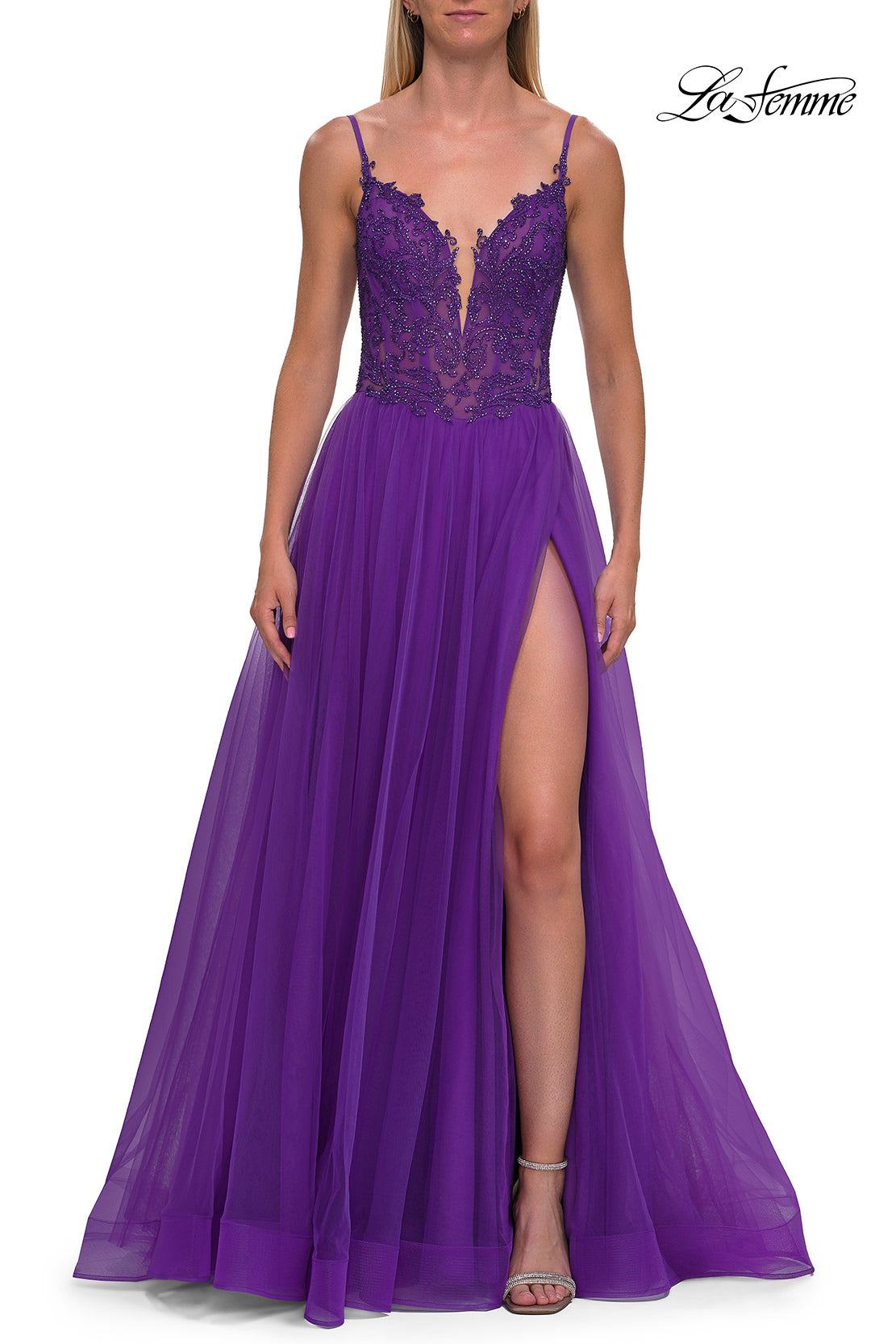 Picture of: Rhinestone Lace A-Line Gown with Sheer Bodice and Slit in Royal Purple, Style: 33674, Detail Picture 7