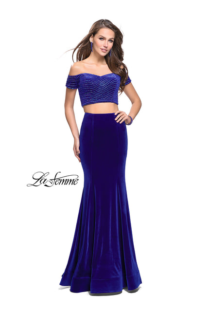 Picture of: Velvet Two Piece Prom Dress with Beading in Royal Blue, Style: 25496, Main Picture