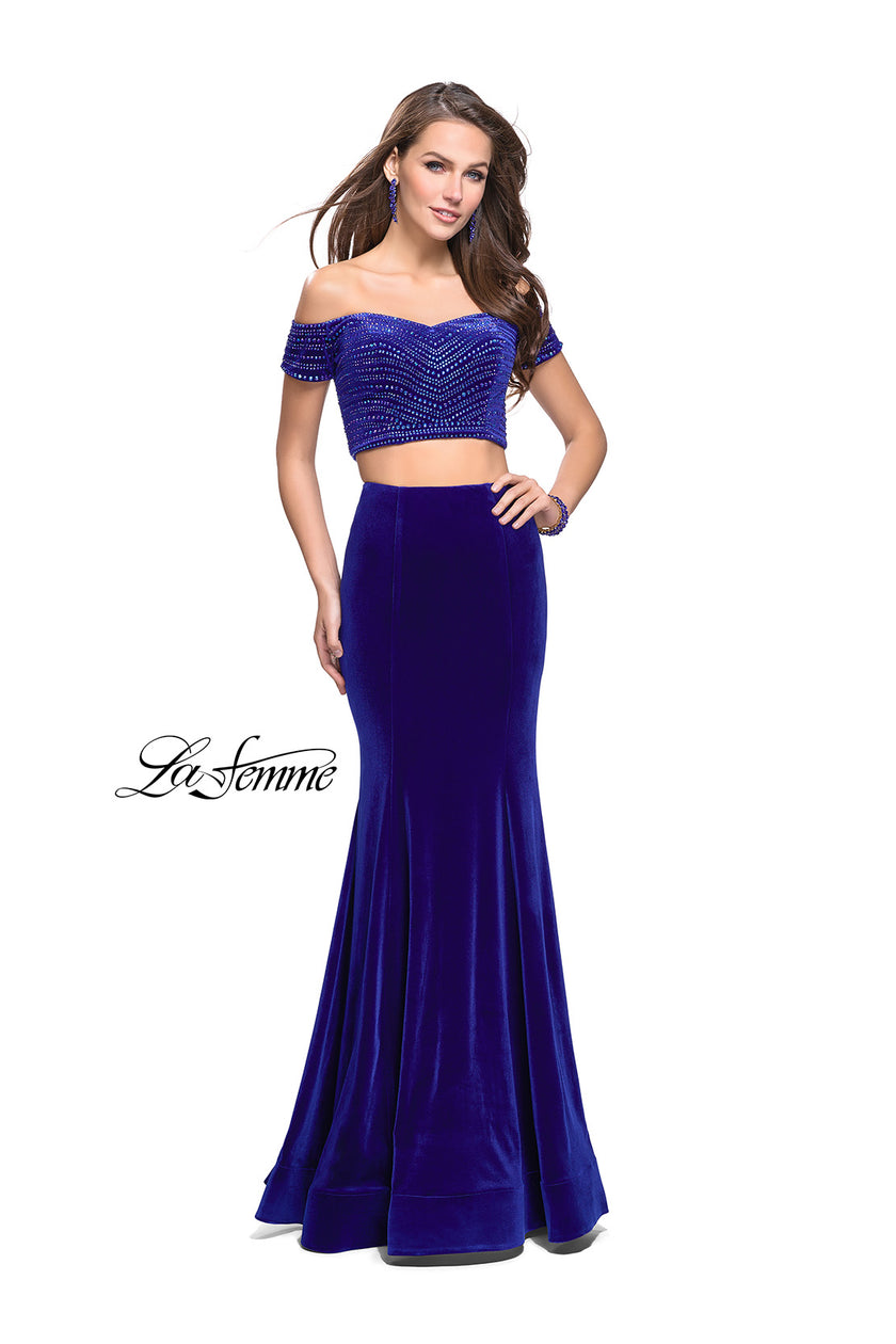 Picture of: Velvet Two Piece Prom Dress with Beading in Royal Blue, Style: 25496, Main Picture