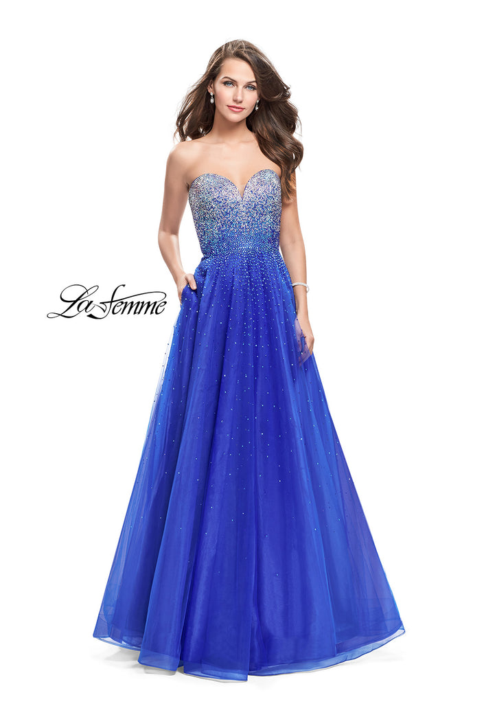 Picture of: Long Strapless Ball Gown with Metallic Ombre Rhinestones in Royal Blue, Style: 26264, Main Picture