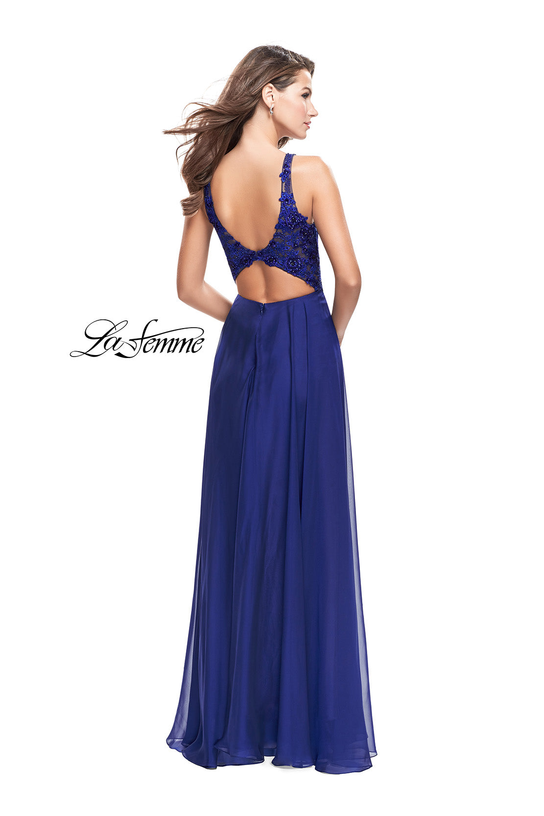 Picture of: A-line Prom Gown with Chiffon Skirt and Lace in Royal Blue, Style: 26061, Back Picture