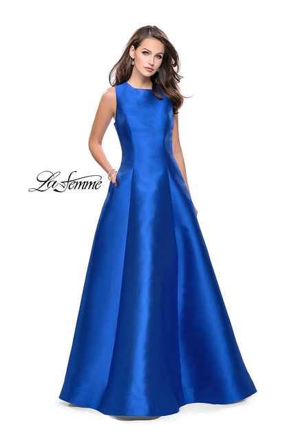 Picture of: Long Mikado Ball Gown with Boat Neck and Criss Cross Back in Royal Blue, Style: 25425, Detail Picture 1