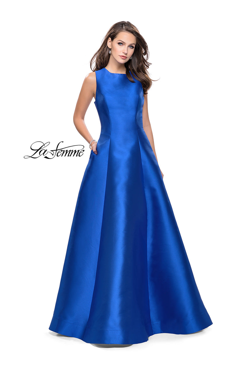 Picture of: Long Mikado Ball Gown with Boat Neck and Criss Cross Back in Royal Blue, Style: 25425, Detail Picture 1