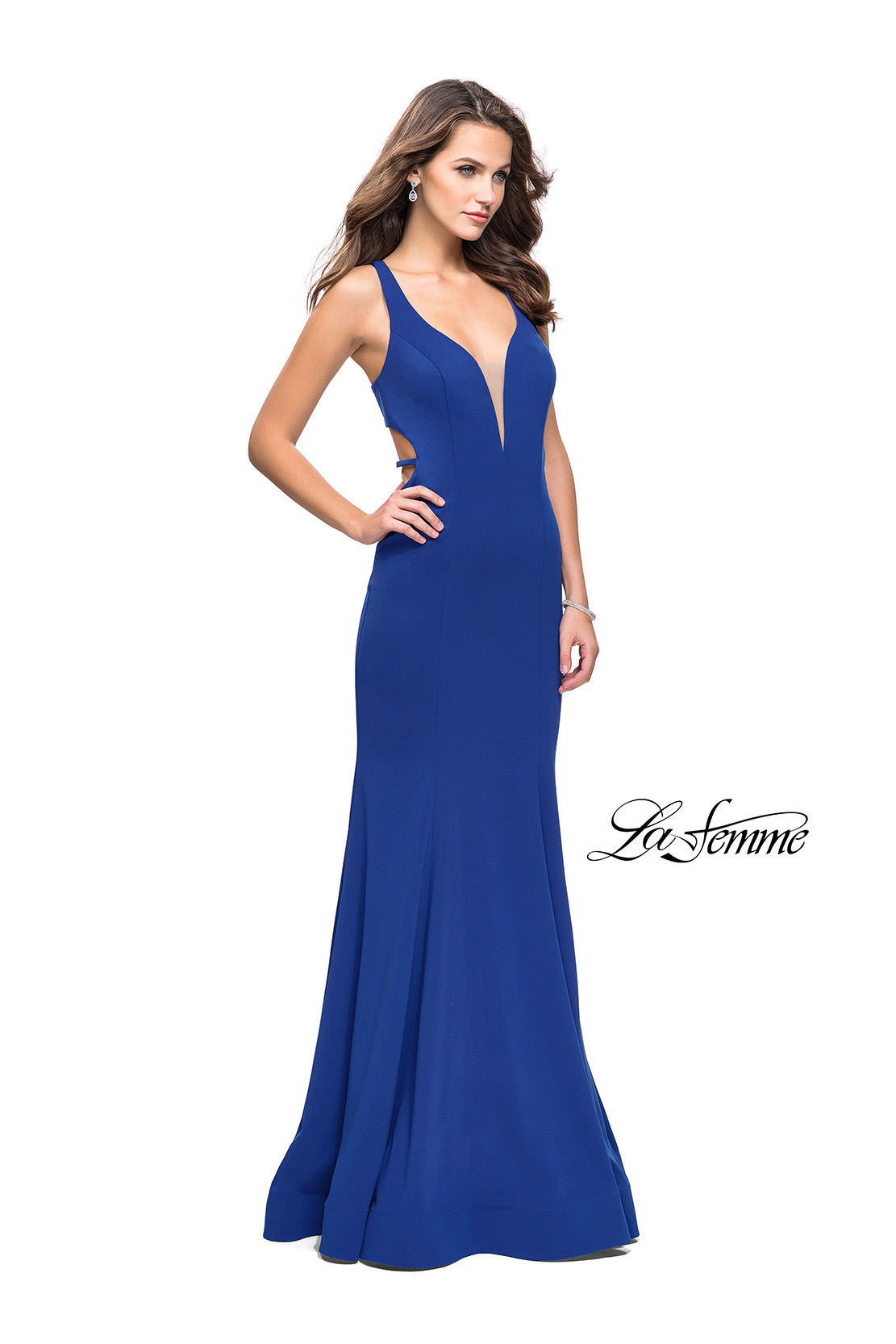Picture of: Long Jersey Mermaid Dress with Deep V and Strappy Back in Royal Blue, Style: 25594, Detail Picture 2