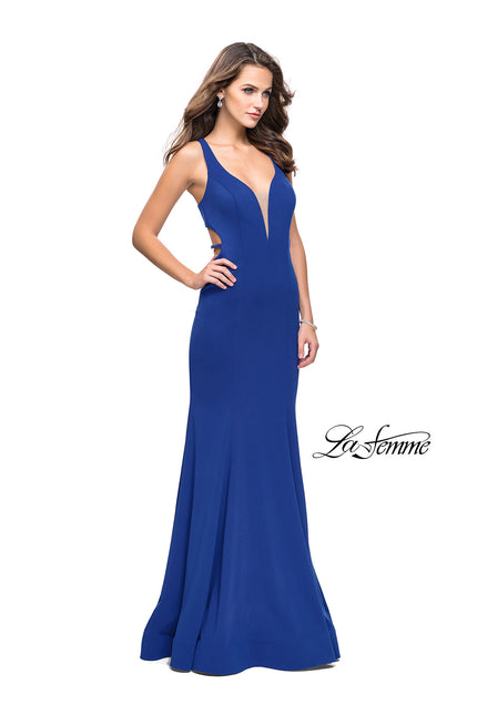 Picture of: Long Jersey Mermaid Dress with Deep V and Strappy Back in Royal Blue, Style: 25594, Detail Picture 2