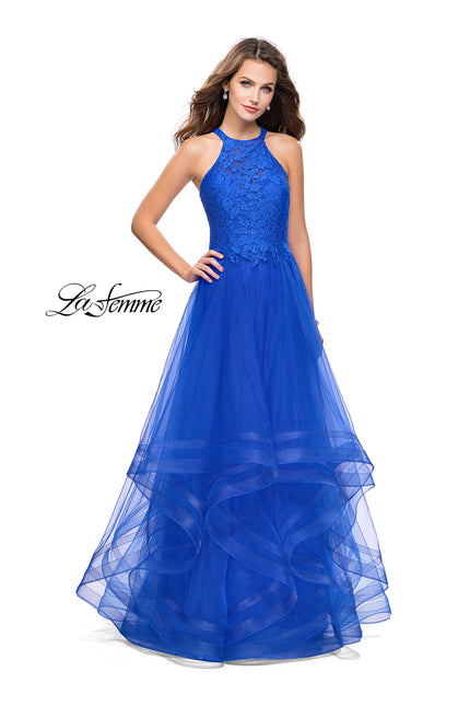 Picture of: Long Prom Ball Gown with Tulle Overlay and Beaded Top in Royal Blue, Style: 25671, Detail Picture 3