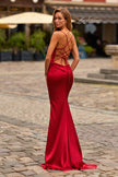 Picture of: Straight Neck Satin Gown with Lace-Up Back in Ruby, Style: 33604, Back Picture