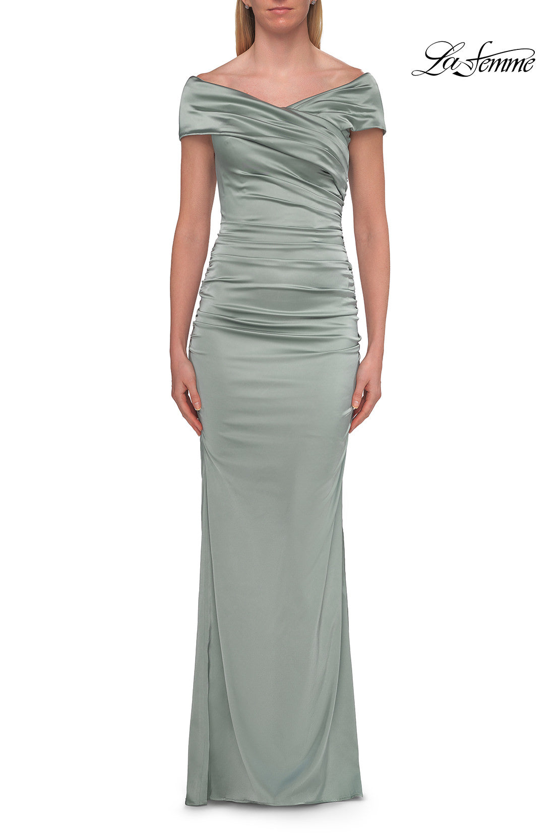 Picture of: Off-the-Shoulder Ruched Satin Evening Gown in Sage, Style: 33620, Detail Picture 5