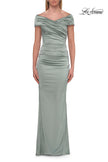 Picture of: Off-the-Shoulder Ruched Satin Evening Gown in Sage, Style: 33620, Detail Picture 5