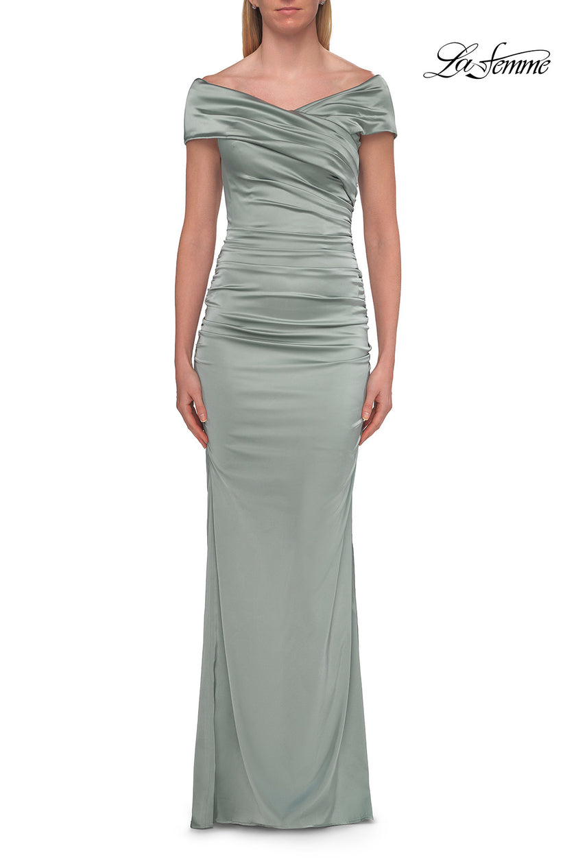 Picture of: Off-the-Shoulder Ruched Satin Evening Gown in Sage, Style: 33620, Detail Picture 5