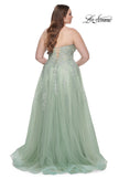 Picture of: Strapless Lace and Tulle A-Line Plus Gown with Tie Back in Sage, Style: 31570, Detail Picture 8