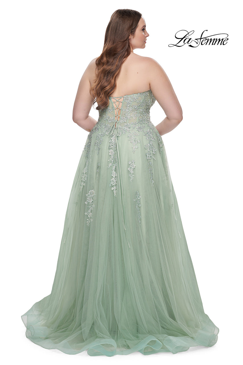 Picture of: Strapless Lace and Tulle A-Line Plus Gown with Tie Back in Sage, Style: 31570, Detail Picture 8