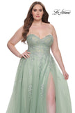Picture of: Strapless Lace and Tulle A-Line Plus Gown with Tie Back in Sage, Style: 31570, Detail Picture 9