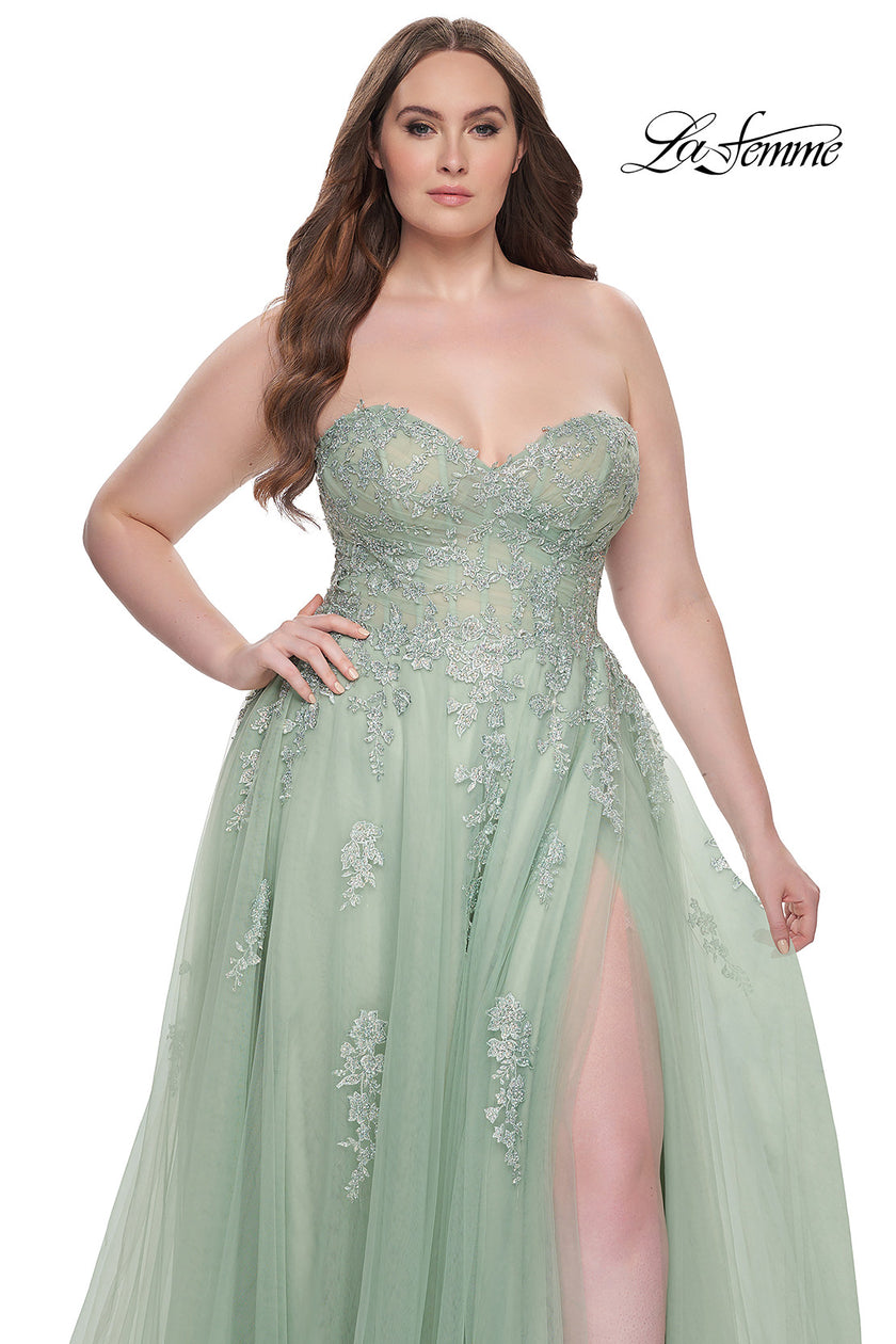 Picture of: Strapless Lace and Tulle A-Line Plus Gown with Tie Back in Sage, Style: 31570, Detail Picture 9