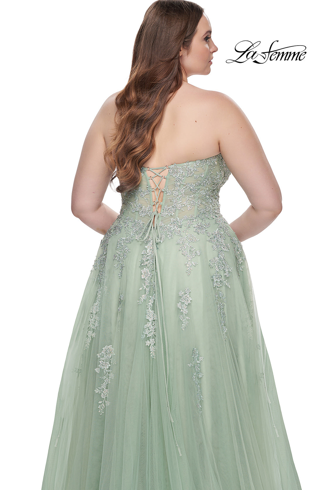 Picture of: Strapless Lace and Tulle A-Line Plus Gown with Tie Back in Sage, Style: 31570, Detail Picture 11