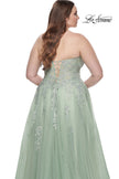 Picture of: Strapless Lace and Tulle A-Line Plus Gown with Tie Back in Sage, Style: 31570, Detail Picture 11