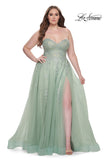 Picture of: Strapless Lace and Tulle A-Line Plus Gown with Tie Back in Sage, Style: 31570, Detail Picture 7