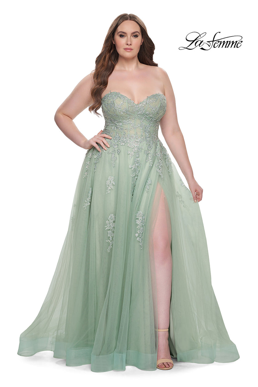 Picture of: Strapless Lace and Tulle A-Line Plus Gown with Tie Back in Sage, Style: 31570, Detail Picture 7