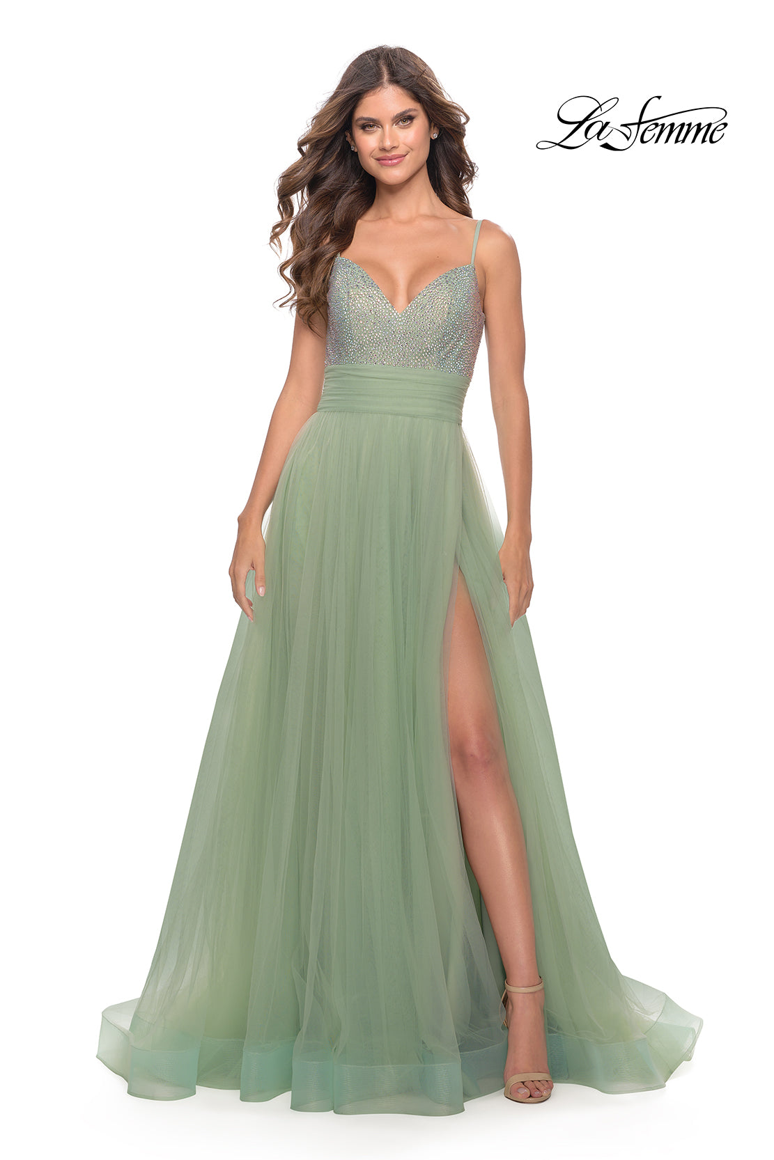 Picture of: Tulle Gown with Full Skirt and Rhinestone Bodice in Sage, Style: 31238, Main Picture