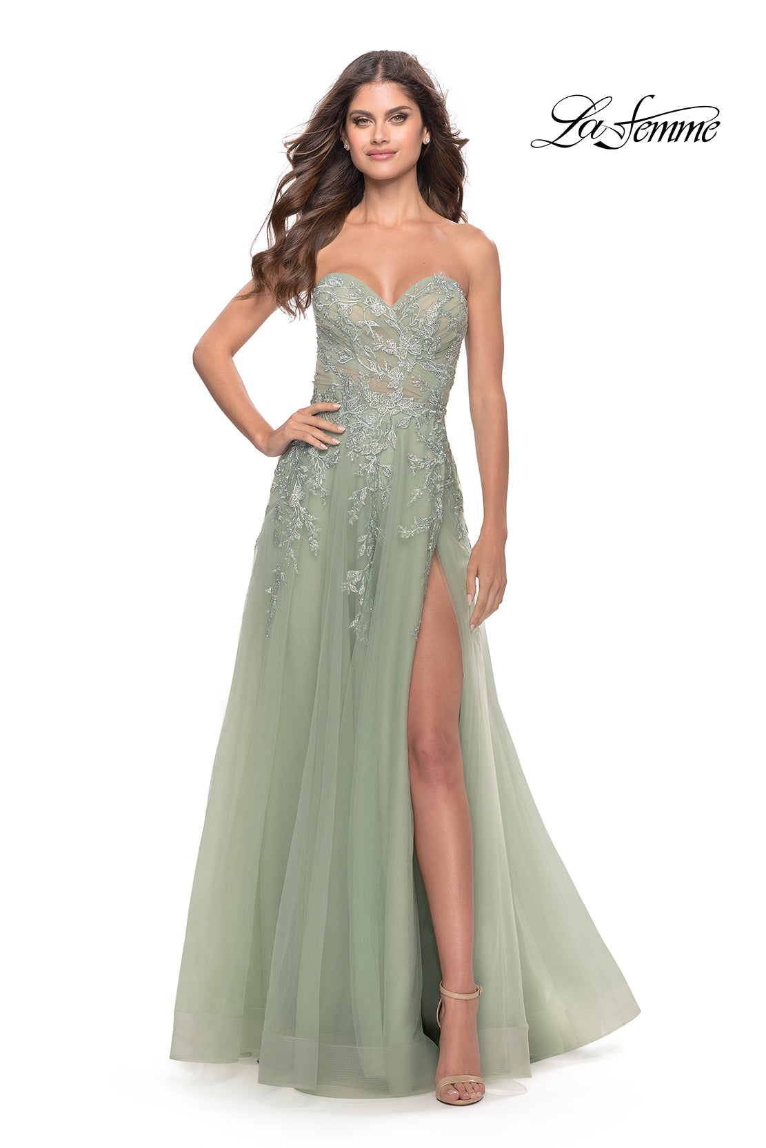 Picture of: Sweetheart Tulle Strapless Gown with Lace Applique in Sage, Style: 31363, Main Picture
